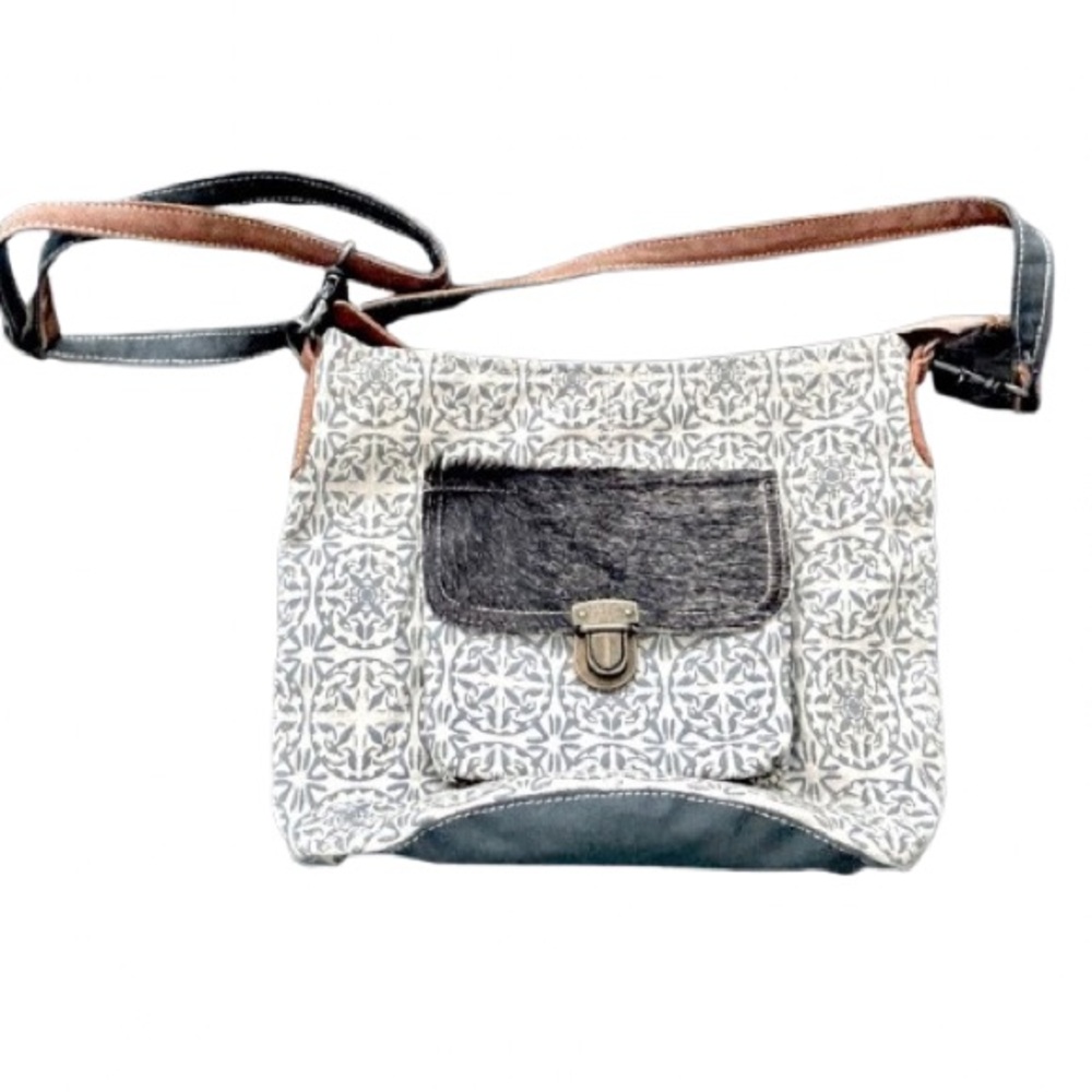 Myra Bag Cowhide Stylish Gray and Cream Women's Bag Purse handbag Messenger Bag